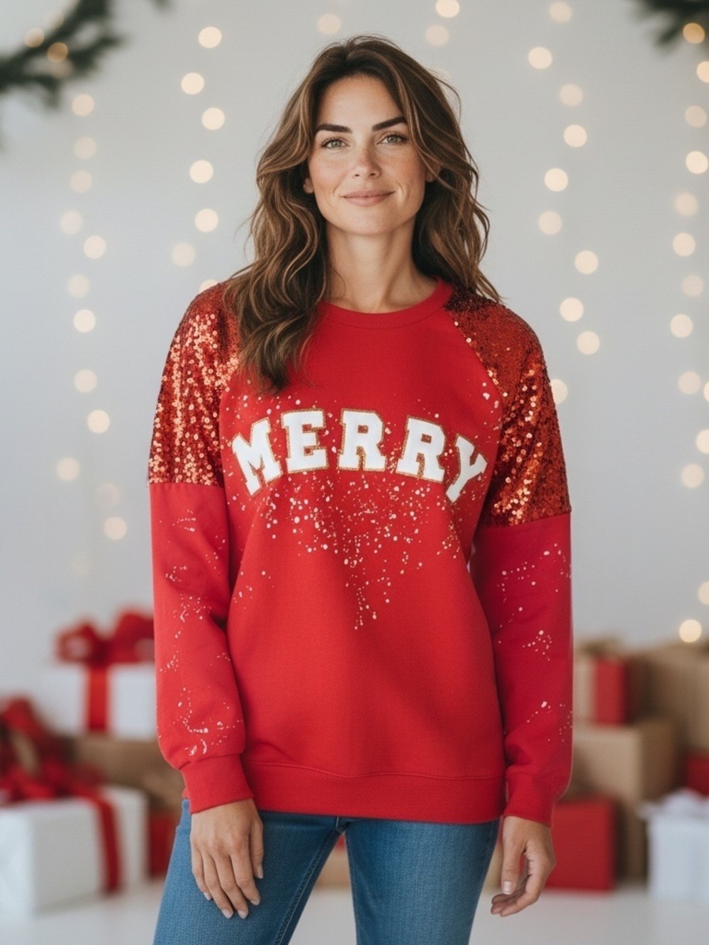 Southern Grace Merry Festive Red Sequin Sweatshirt Lg